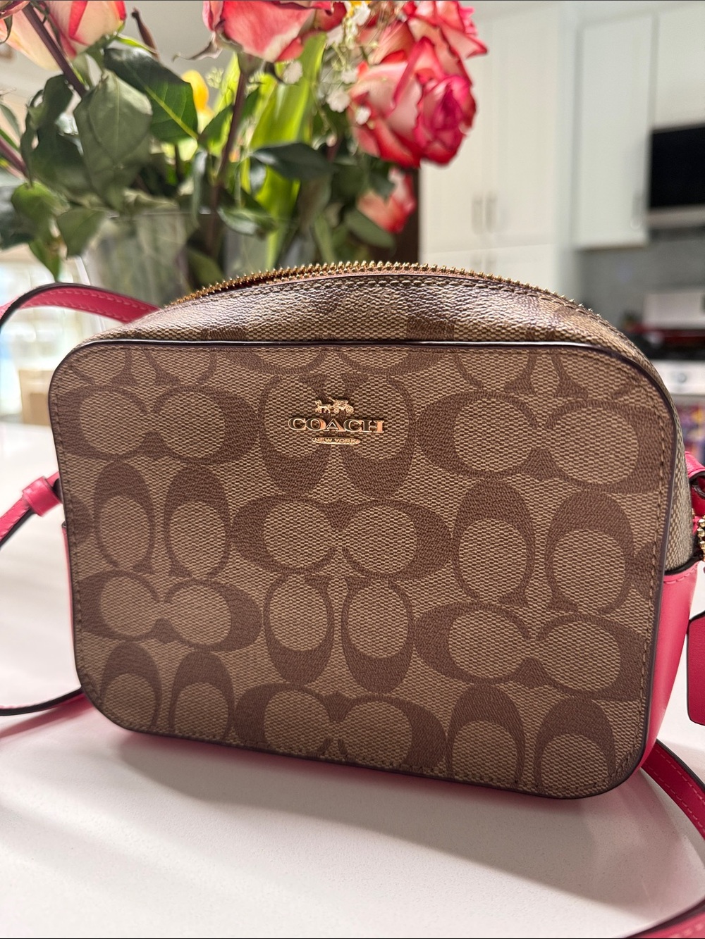 Coach Brown Signature Canvas Crossbody with Pink Trim
